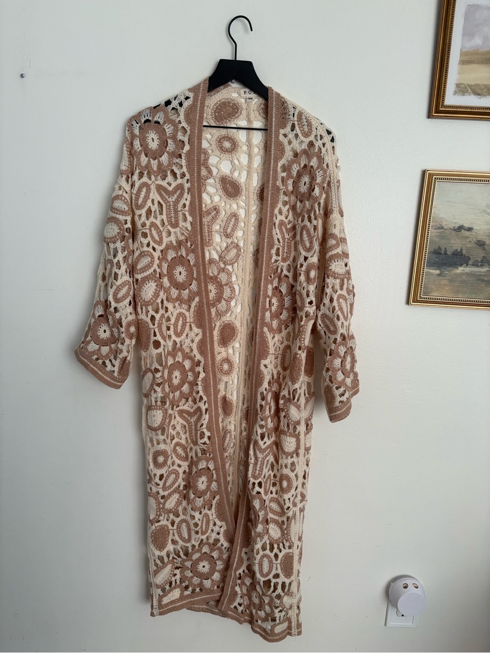 POL Open-Front Crochet Kimono Cardigan in Beige Cream Boho Chic Duster One Size